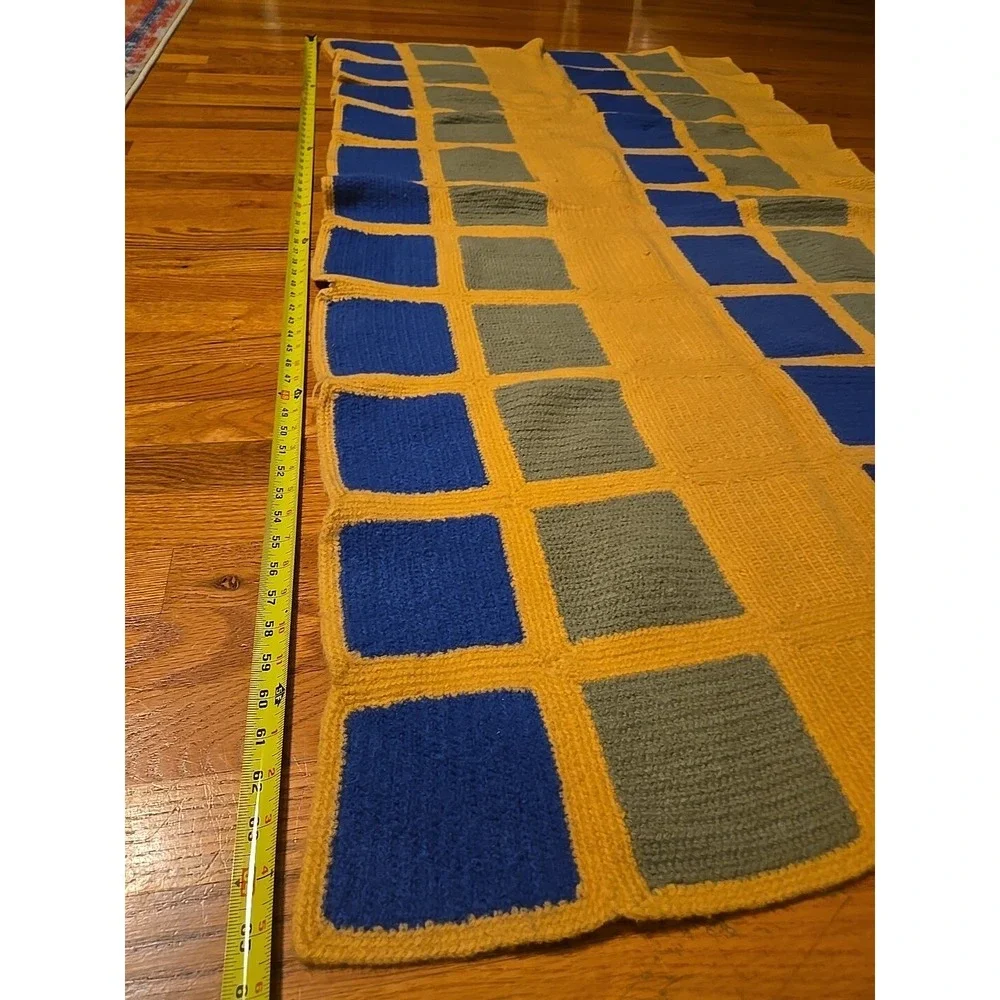 Vintage Crochet Afghan Throw Blanket Handmade 65x36 Yellow Blue Green 1966